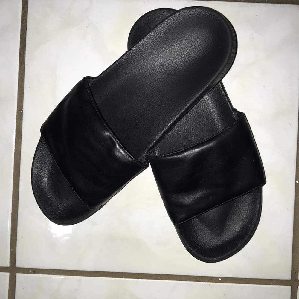 Black Pleather Slides Sandals